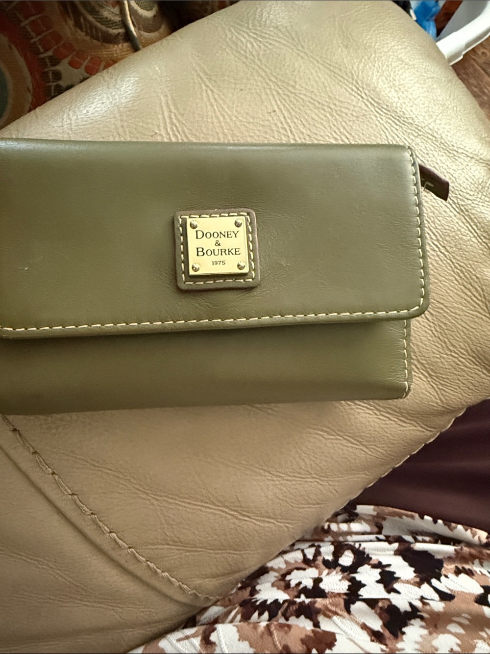 Dooney & Bourke Olive Green Leather Continental Wallet with Gold Plaque